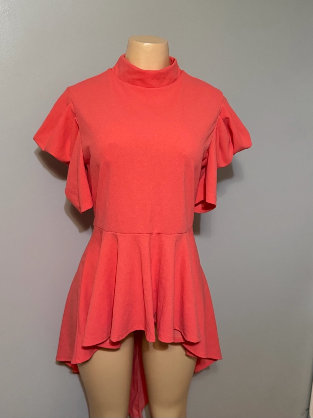 Fashion Nova Coral High-Neck Peplum Top with Ruffle Sleeves